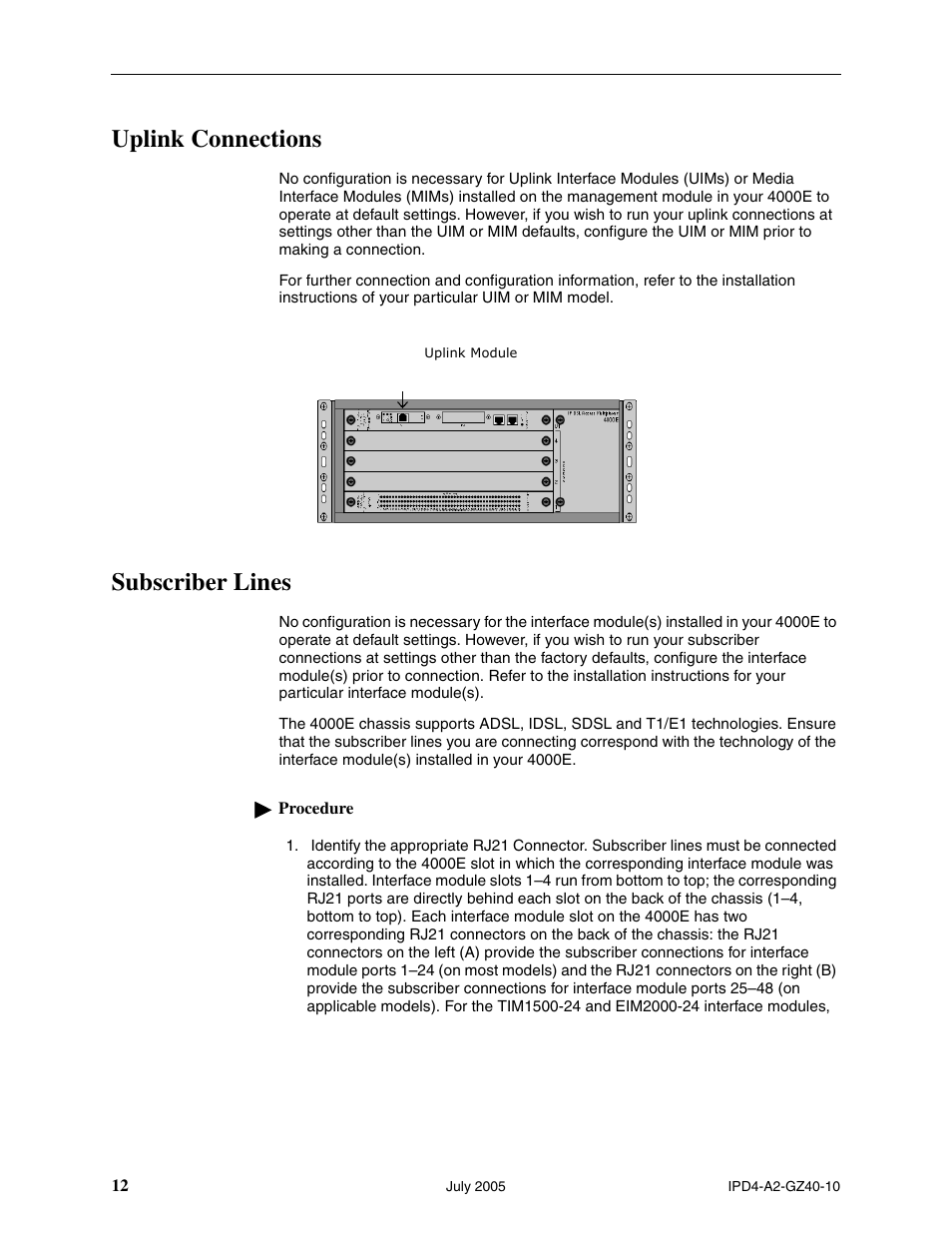 Uplink connections, Subscriber lines | Paradyne IP Broadband Loop Carrier 4000E User Manual | Page 12 / 20