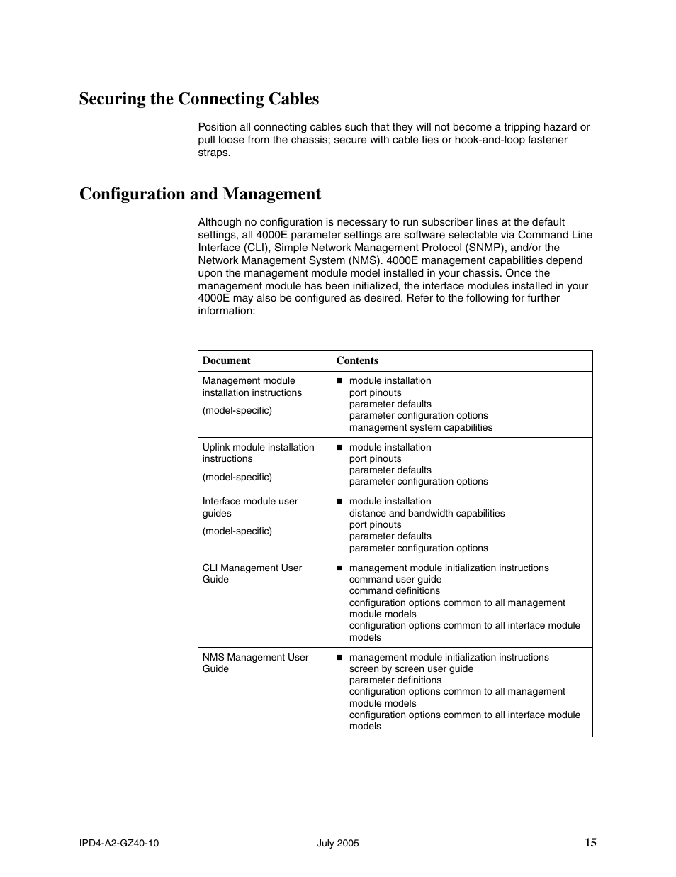 Securing the connecting cables, Configuration and management | Paradyne IP Broadband Loop Carrier 4000E User Manual | Page 15 / 20