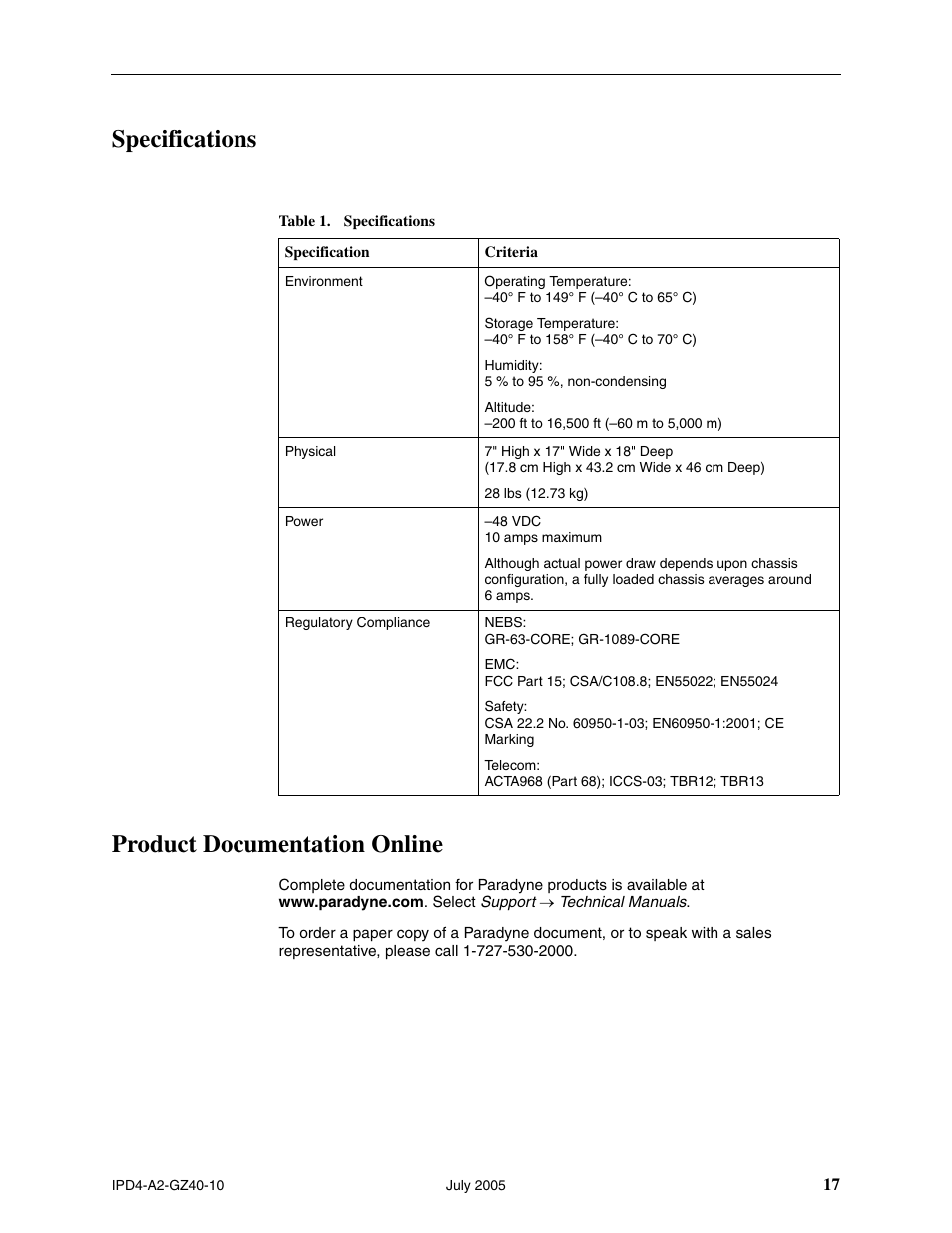 Specifications, Product documentation online, Specifications product documentation online | Paradyne IP Broadband Loop Carrier 4000E User Manual | Page 17 / 20