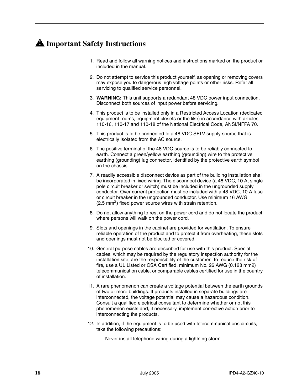 Important safety instructions | Paradyne IP Broadband Loop Carrier 4000E User Manual | Page 18 / 20