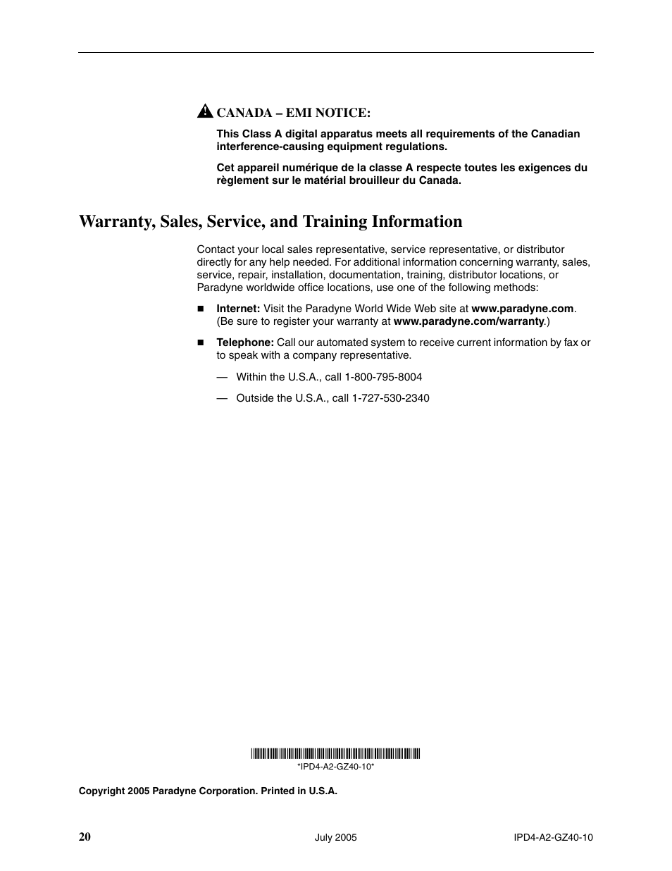 Warranty, sales, service, and training information | Paradyne IP Broadband Loop Carrier 4000E User Manual | Page 20 / 20