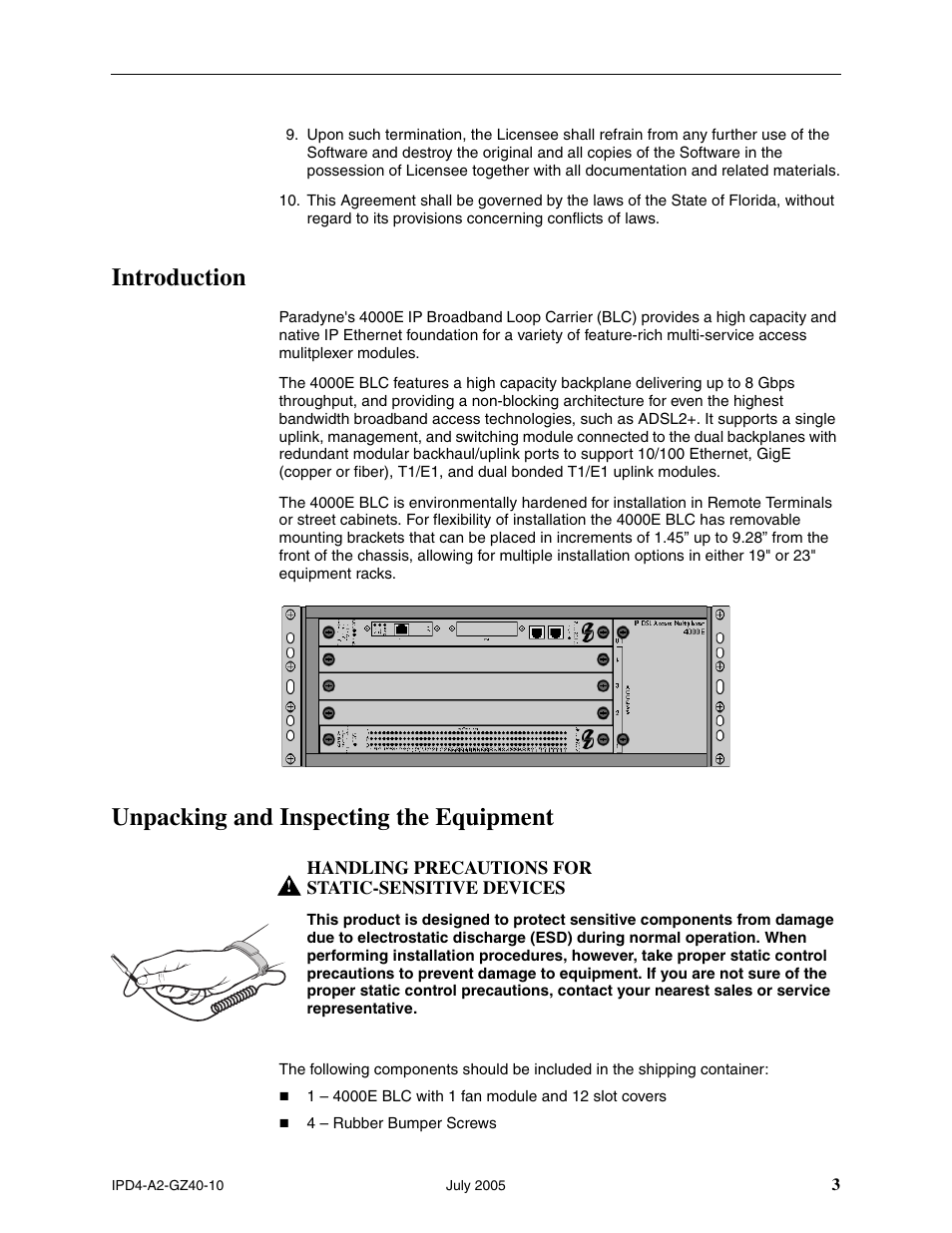 Introduction, Unpacking and inspecting the equipment | Paradyne IP Broadband Loop Carrier 4000E User Manual | Page 3 / 20