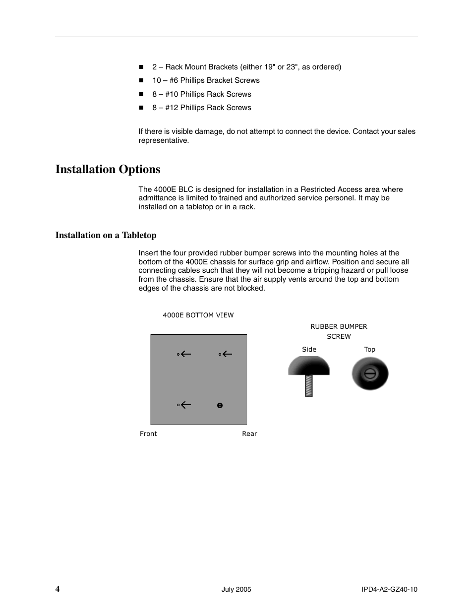 Installation options, Installation on a tabletop | Paradyne IP Broadband Loop Carrier 4000E User Manual | Page 4 / 20