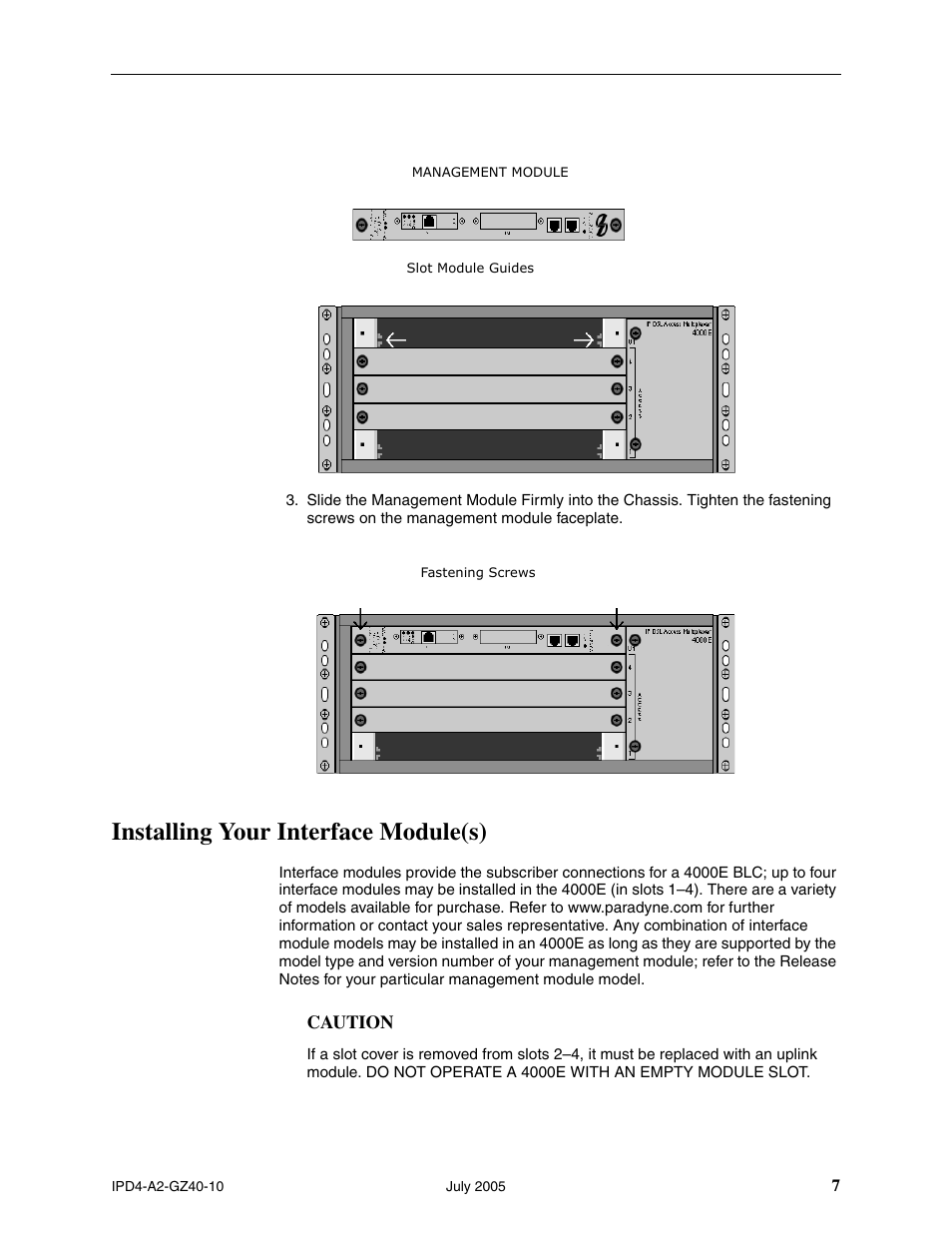 Installing your interface module(s) | Paradyne IP Broadband Loop Carrier 4000E User Manual | Page 7 / 20