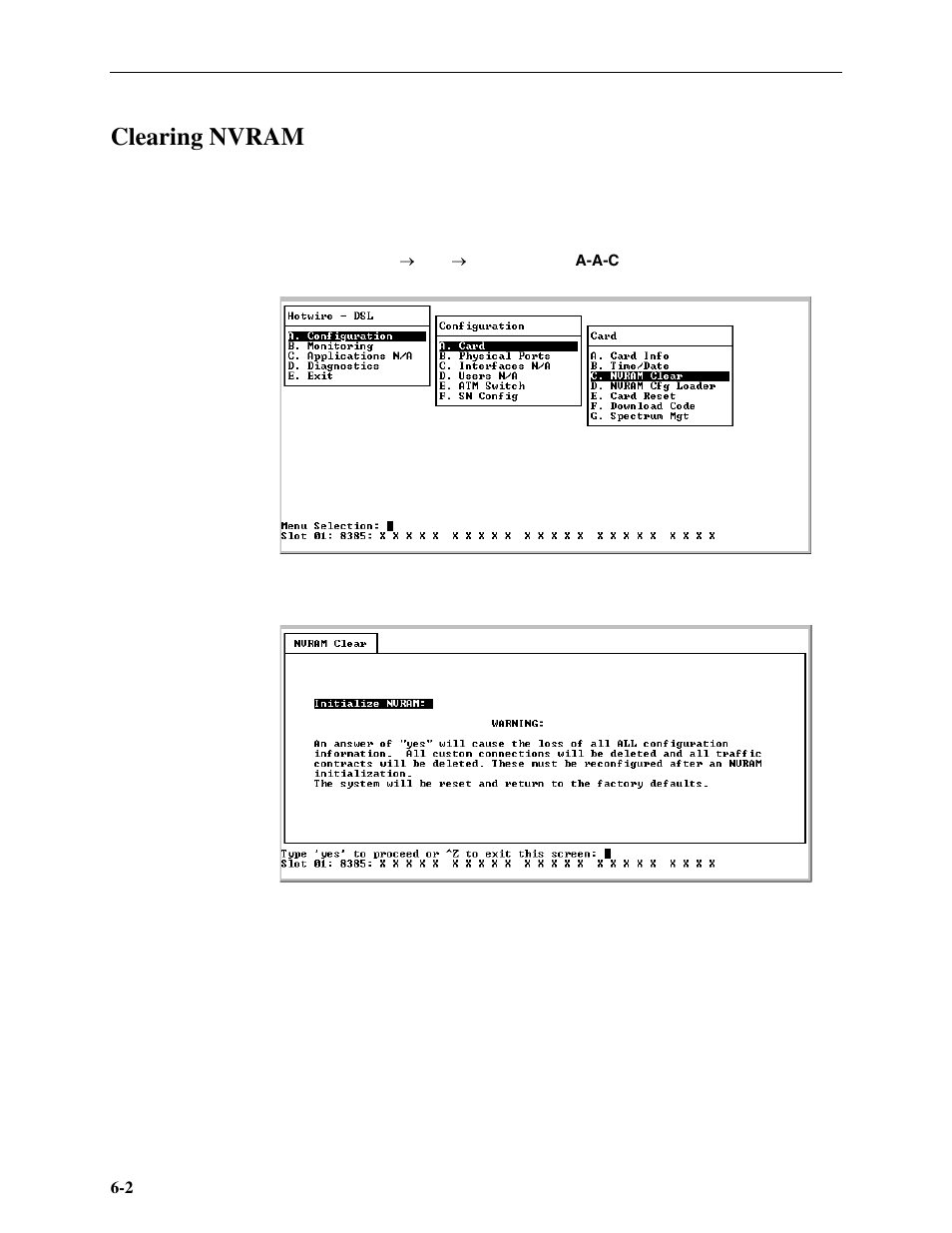 Clearing nvram, In chapter 6, Maintenance procedures | Paradyne Hotwire ATM Line Cards 8385 User Manual | Page 106 / 132