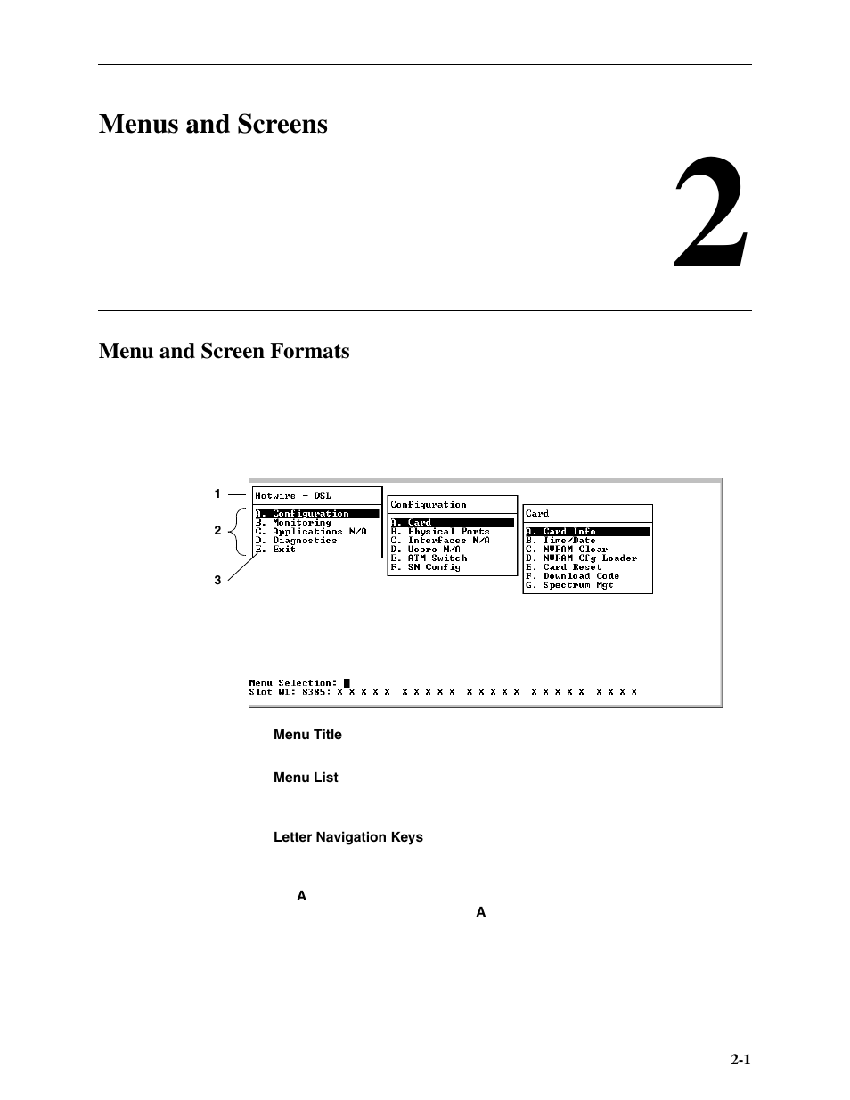 Menus and screens, Menu and screen formats, Chapter 2 | Paradyne Hotwire ATM Line Cards 8385 User Manual | Page 15 / 132