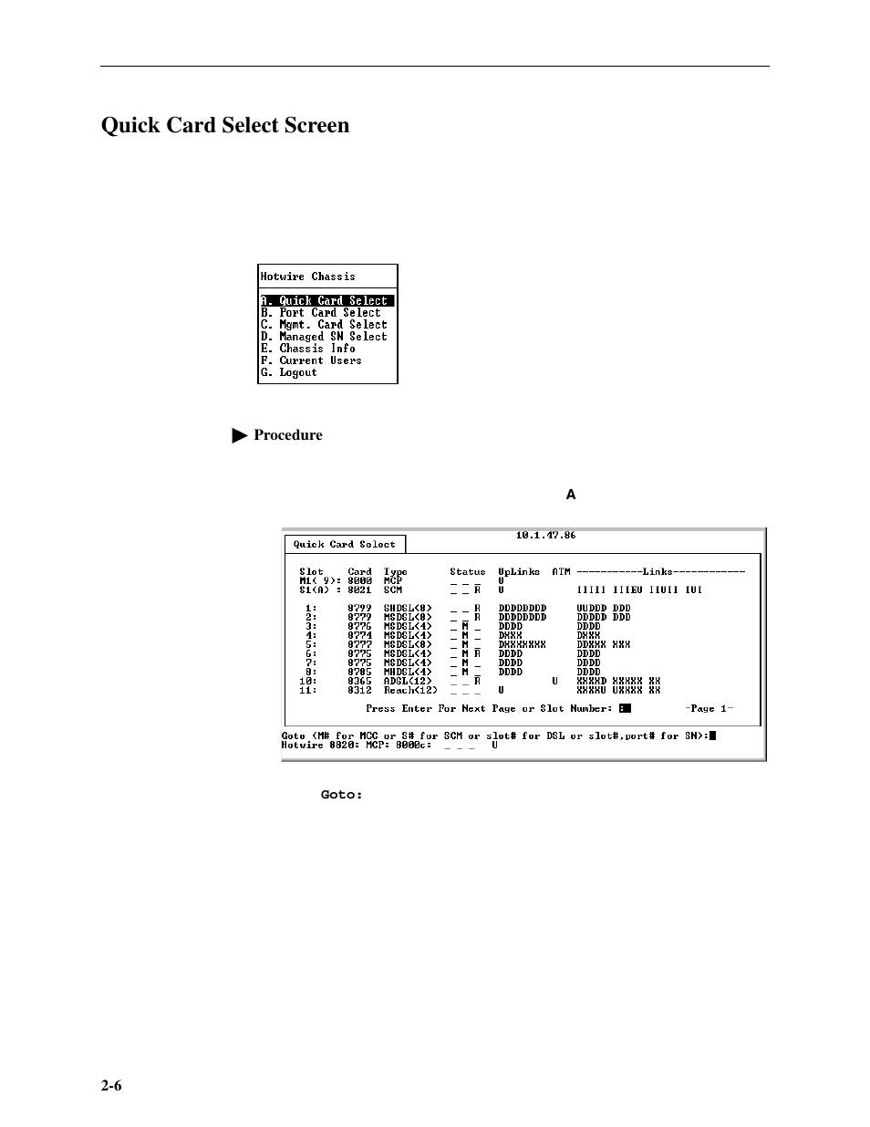 Quick card select screen | Paradyne Hotwire ATM Line Cards 8385 User Manual | Page 20 / 132