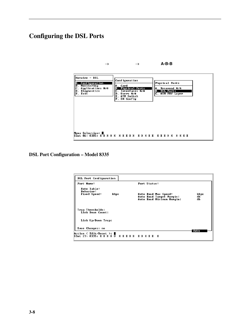 Configuring the dsl ports, Dsl port configuration – model8335, Dsl port configuration – model 8335 | Paradyne Hotwire ATM Line Cards 8385 User Manual | Page 30 / 132