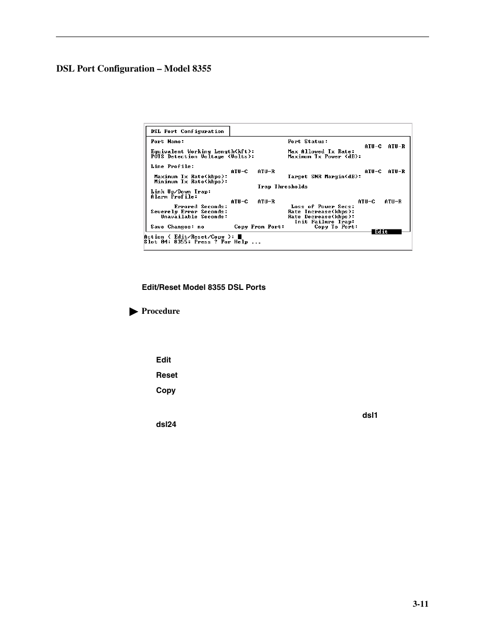 Dsl port configuration – model8355, Dsl port configuration – model 8355, Dsl port | Configuration – model 8355 | Paradyne Hotwire ATM Line Cards 8385 User Manual | Page 33 / 132