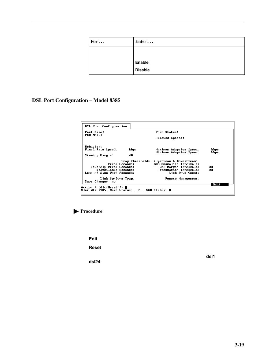 Dsl port configuration – model8385, Dsl port configuration – model 8385, Dsl port configuration | Model 8385 | Paradyne Hotwire ATM Line Cards 8385 User Manual | Page 41 / 132