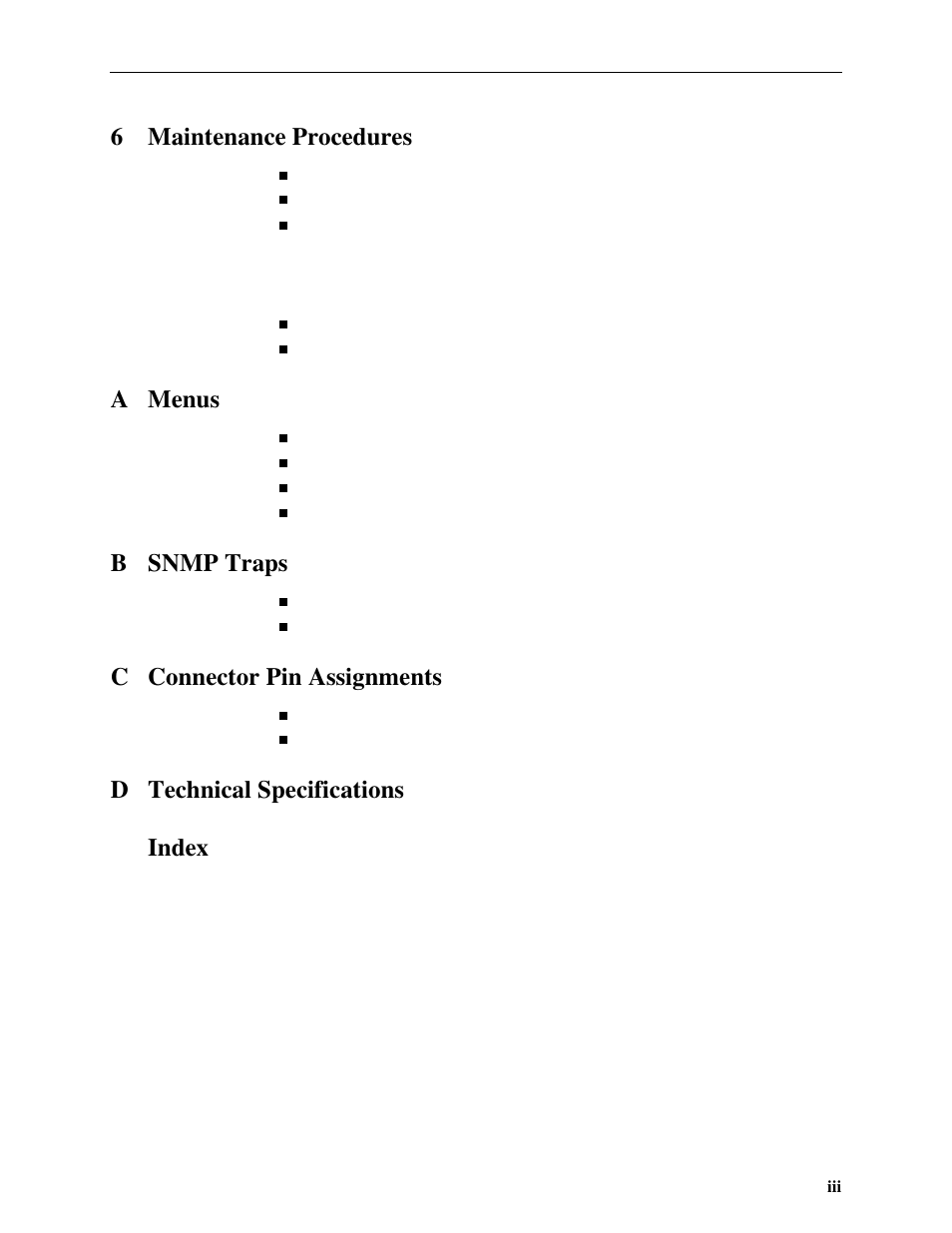 6maintenance procedures, A menus, B snmp traps | C connector pin assignments, D technical specifications index | Paradyne Hotwire ATM Line Cards 8385 User Manual | Page 5 / 132