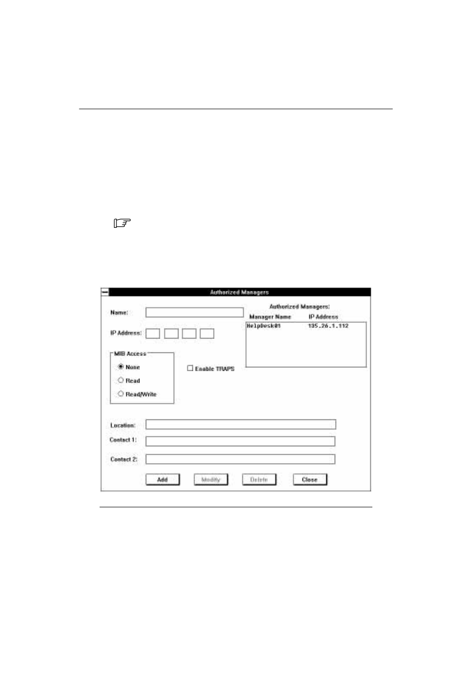 Configuring authorized snmp managers, Adding authorized manager information, Authorized managers dialog box | Paradyne COMSPHERE 6700 SERIES User Manual | Page 29 / 57