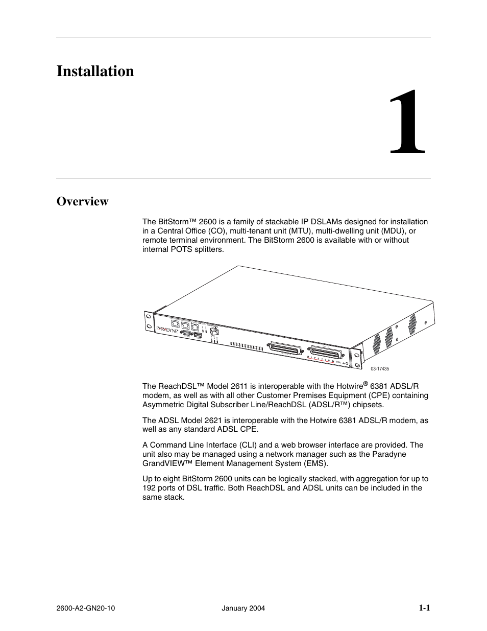 Installation, Overview, Chapter 1, installation | Paradyne BitStorm 2600 IP DSLAM User Manual | Page 11 / 58