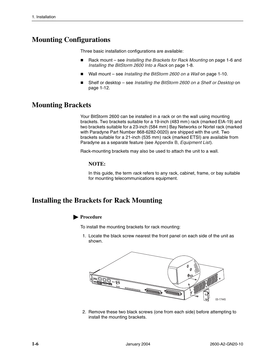 Mounting configurations, Mounting brackets, Installing the brackets for rack mounting | Paradyne BitStorm 2600 IP DSLAM User Manual | Page 16 / 58
