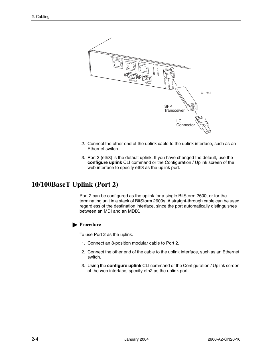 10/100baset uplink (port 2), Procedure | Paradyne BitStorm 2600 IP DSLAM User Manual | Page 26 / 58