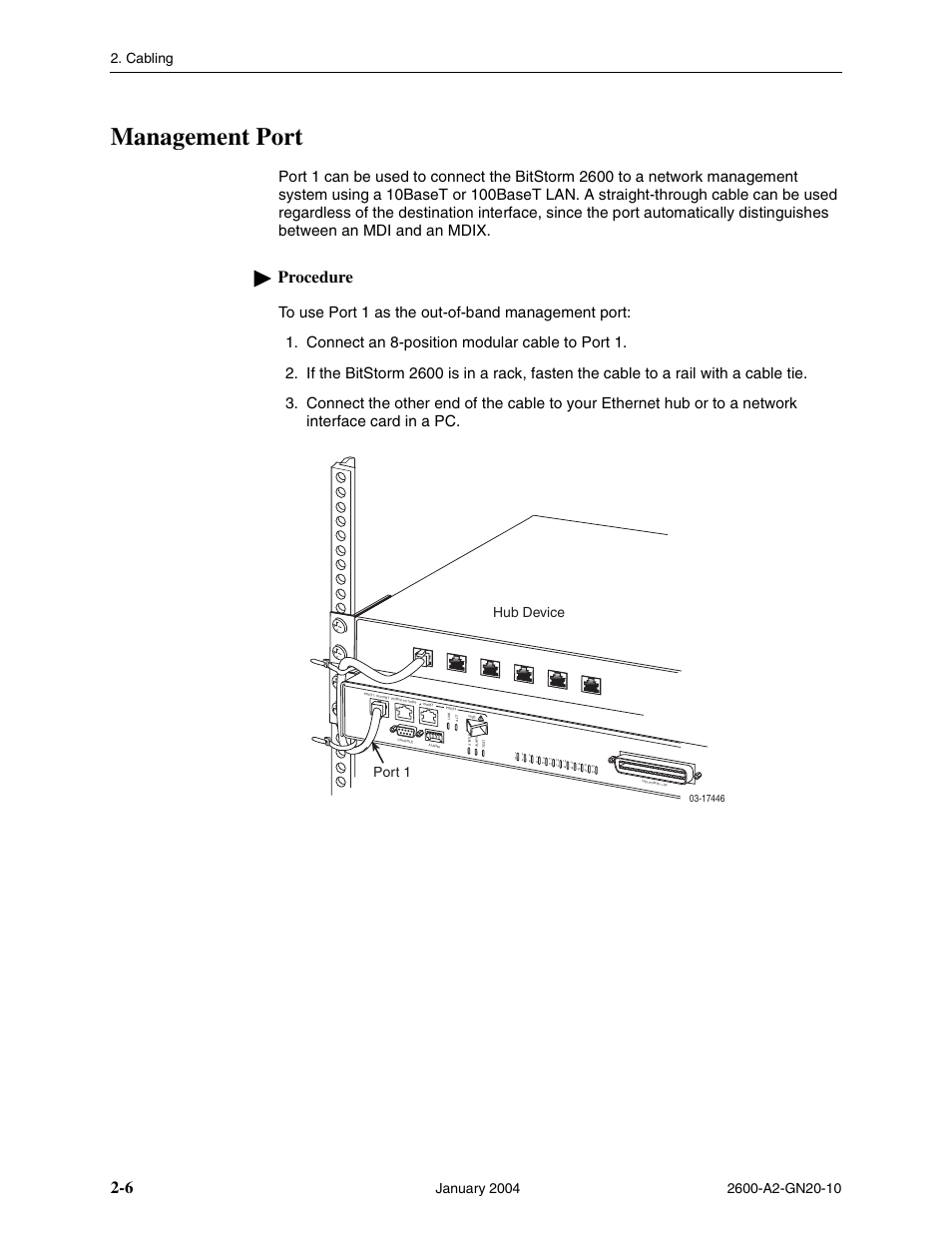 Management port, Procedure, Cabling | Hub device port 1 | Paradyne BitStorm 2600 IP DSLAM User Manual | Page 28 / 58
