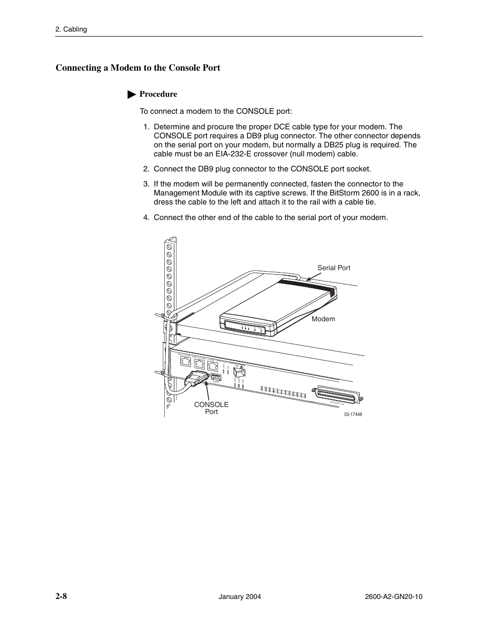 Connecting a modem to the console port, Procedure, Cabling | Paradyne BitStorm 2600 IP DSLAM User Manual | Page 30 / 58