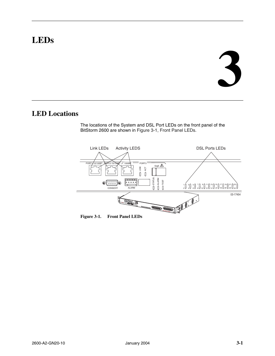 Leds, Led locations, Chapter 3, leds | Paradyne BitStorm 2600 IP DSLAM User Manual | Page 35 / 58