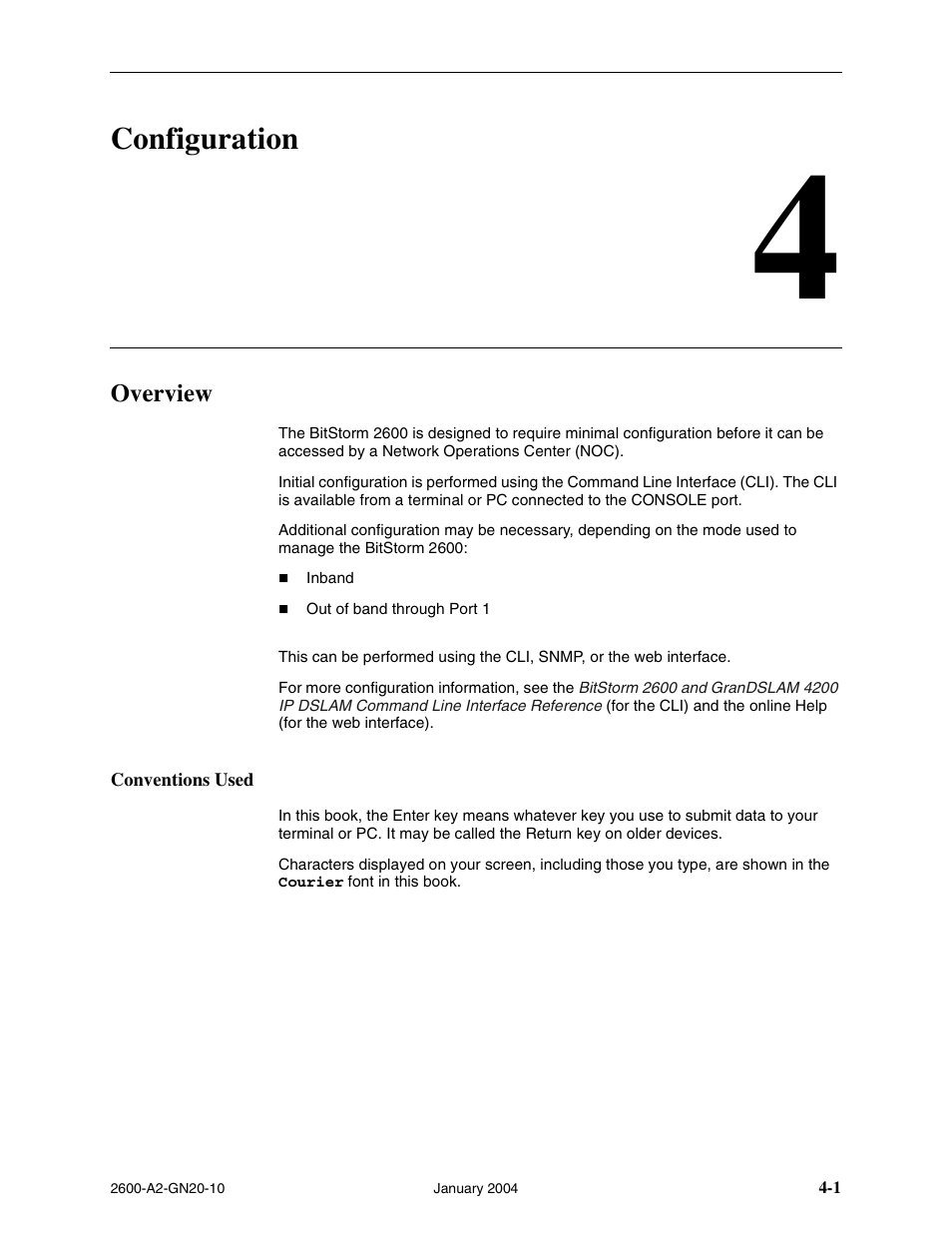 Configuration, Overview, Conventions used | Chapter 4, configuration | Paradyne BitStorm 2600 IP DSLAM User Manual | Page 37 / 58