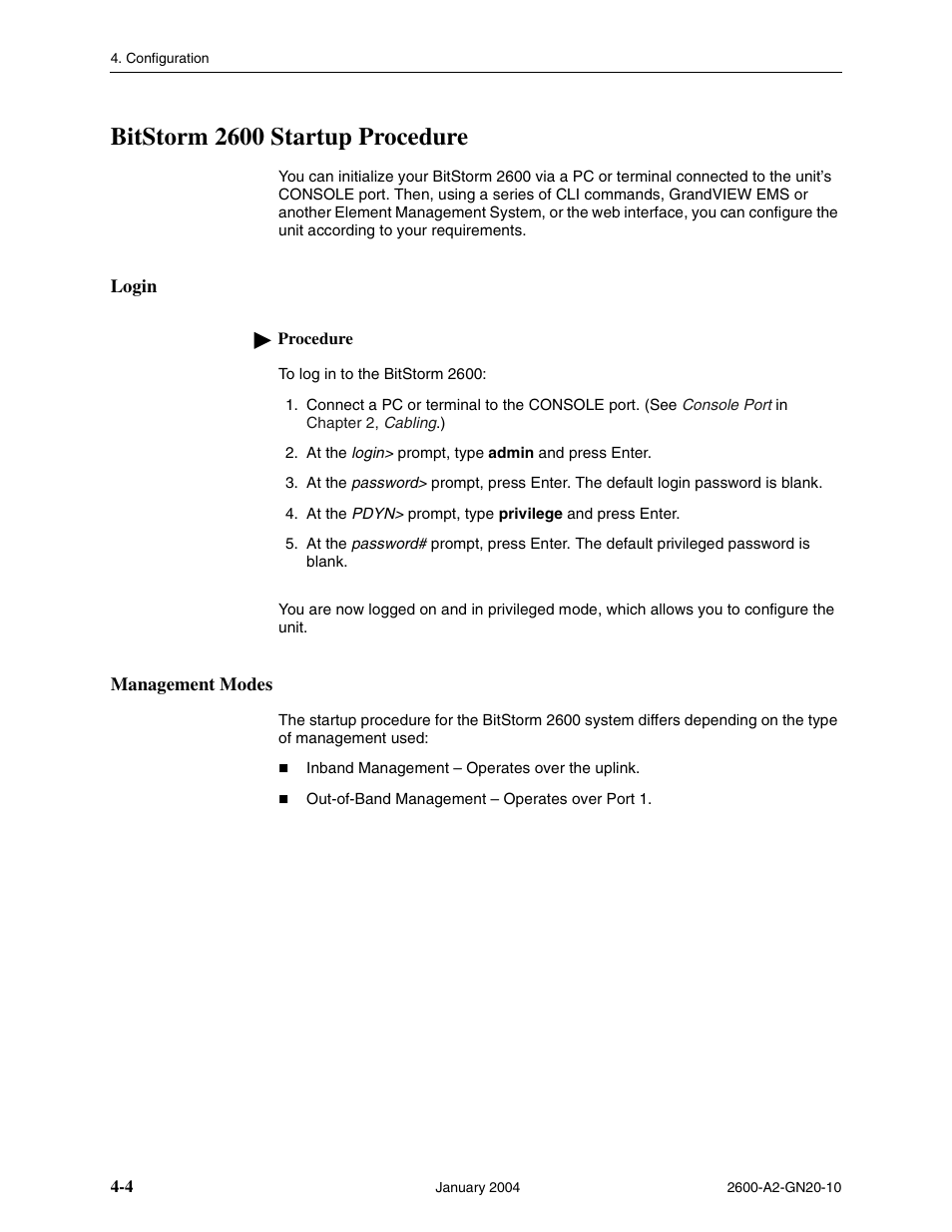Bitstorm 2600 startup procedure, Login, Management modes | Paradyne BitStorm 2600 IP DSLAM User Manual | Page 40 / 58