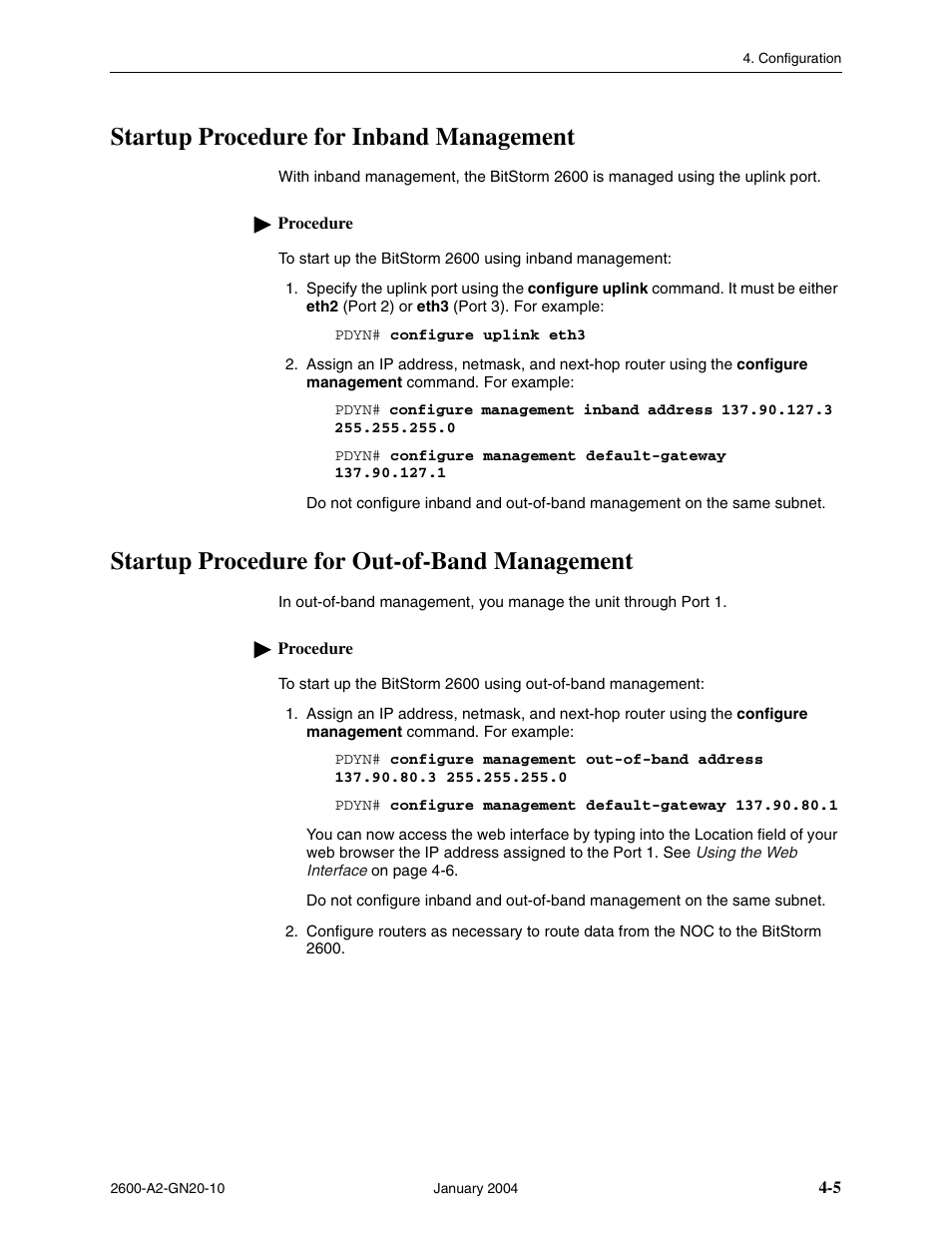 Startup procedure for inband management, Startup procedure for out-of-band management | Paradyne BitStorm 2600 IP DSLAM User Manual | Page 41 / 58