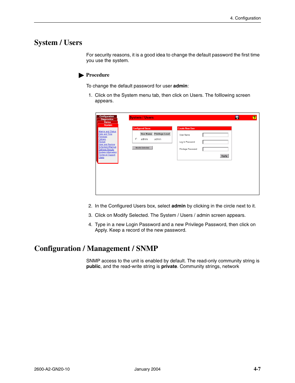 System / users, Configuration / management / snmp | Paradyne BitStorm 2600 IP DSLAM User Manual | Page 43 / 58