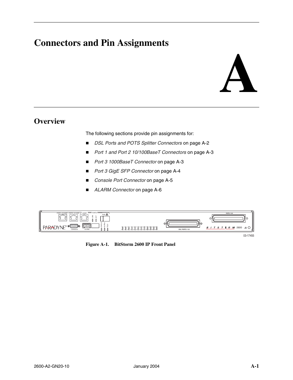 Connectors and pin assignments, Overview, A connectors and pin assignments | Appendix a, connectors and pin assignments, Dsl ports and pots splitter connectors on page a-2, Port 3 gige sfp connector on page a-4, Console port connector on page a-5 | Paradyne BitStorm 2600 IP DSLAM User Manual | Page 45 / 58