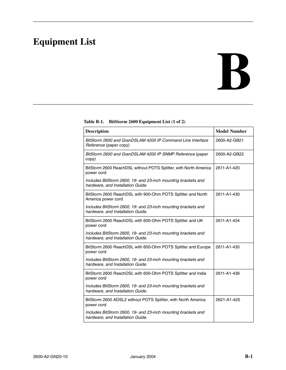 Equipment list, B equipment list, Appendix b, equipment list | Paradyne BitStorm 2600 IP DSLAM User Manual | Page 51 / 58