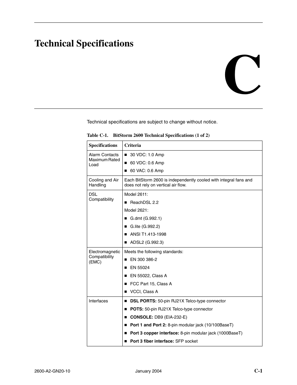 Technical specifications, C technical specifications, Appendix c, technical specifications | Paradyne BitStorm 2600 IP DSLAM User Manual | Page 53 / 58