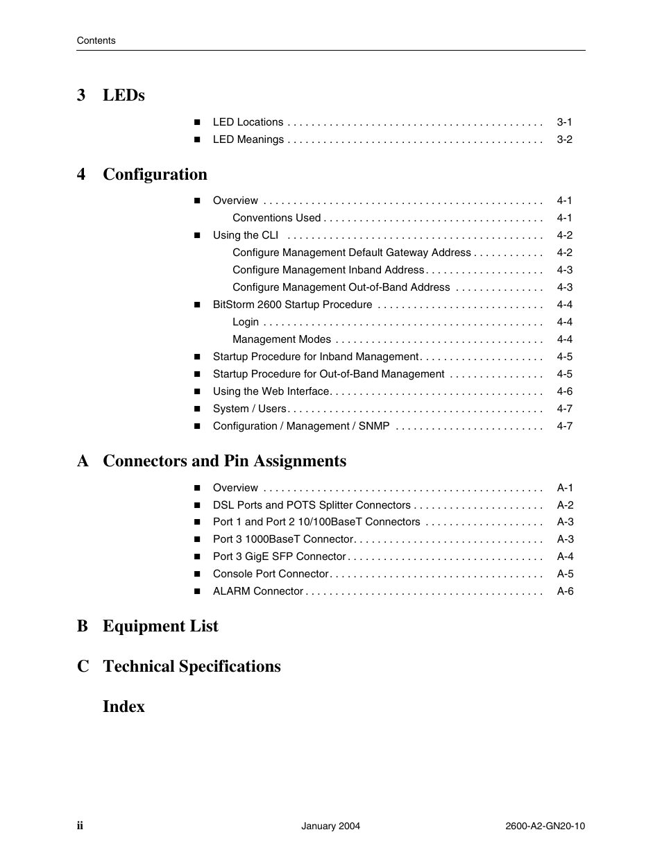 3leds, 4configuration, A connectors and pin assignments | B equipment list c technical specifications index | Paradyne BitStorm 2600 IP DSLAM User Manual | Page 8 / 58