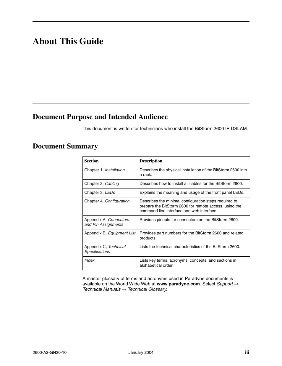 About this guide, Document purpose and intended audience, Document summary | Paradyne BitStorm 2600 IP DSLAM User Manual | Page 9 / 58