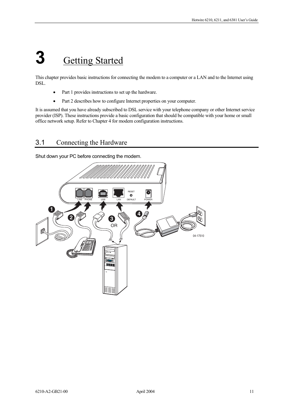 Getting started, Connecting the hardware, 1 connecting the hardware | Paradyne 6381 User Manual | Page 11 / 46
