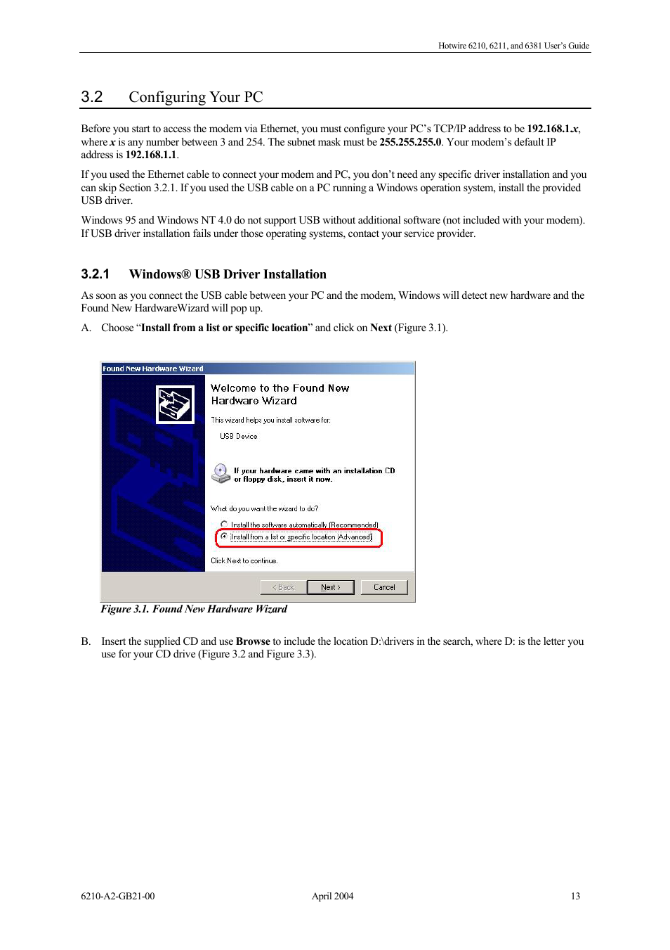 Configuring your pc, Windows® usb driver installation, 2 configuring your pc | Paradyne 6381 User Manual | Page 13 / 46