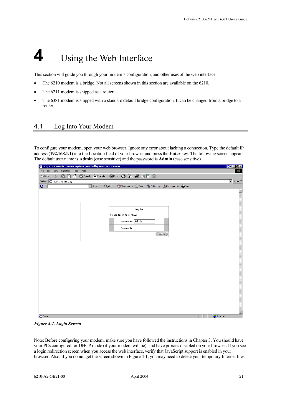Using the web interface, Log into your modem | Paradyne 6381 User Manual | Page 21 / 46