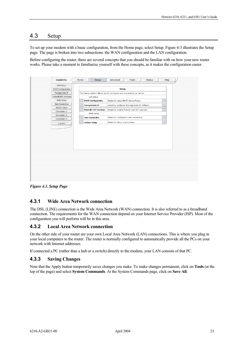 Setup, Wide area network connection, Local area network connection | Saving changes, 3 setup | Paradyne 6381 User Manual | Page 23 / 46