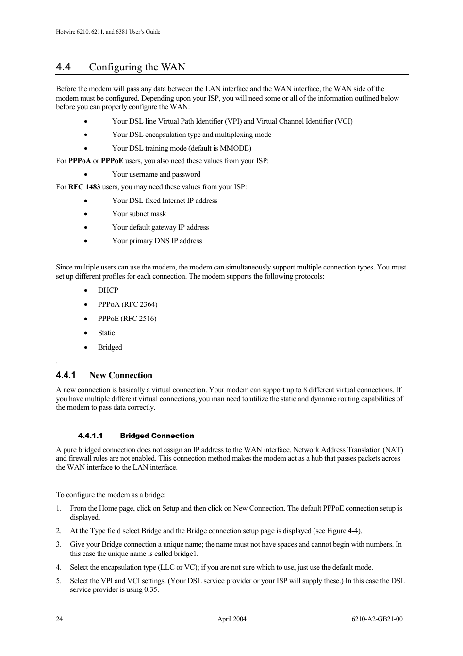 Configuring the wan, New connection, Bridged connection | 4 configuring the wan | Paradyne 6381 User Manual | Page 24 / 46