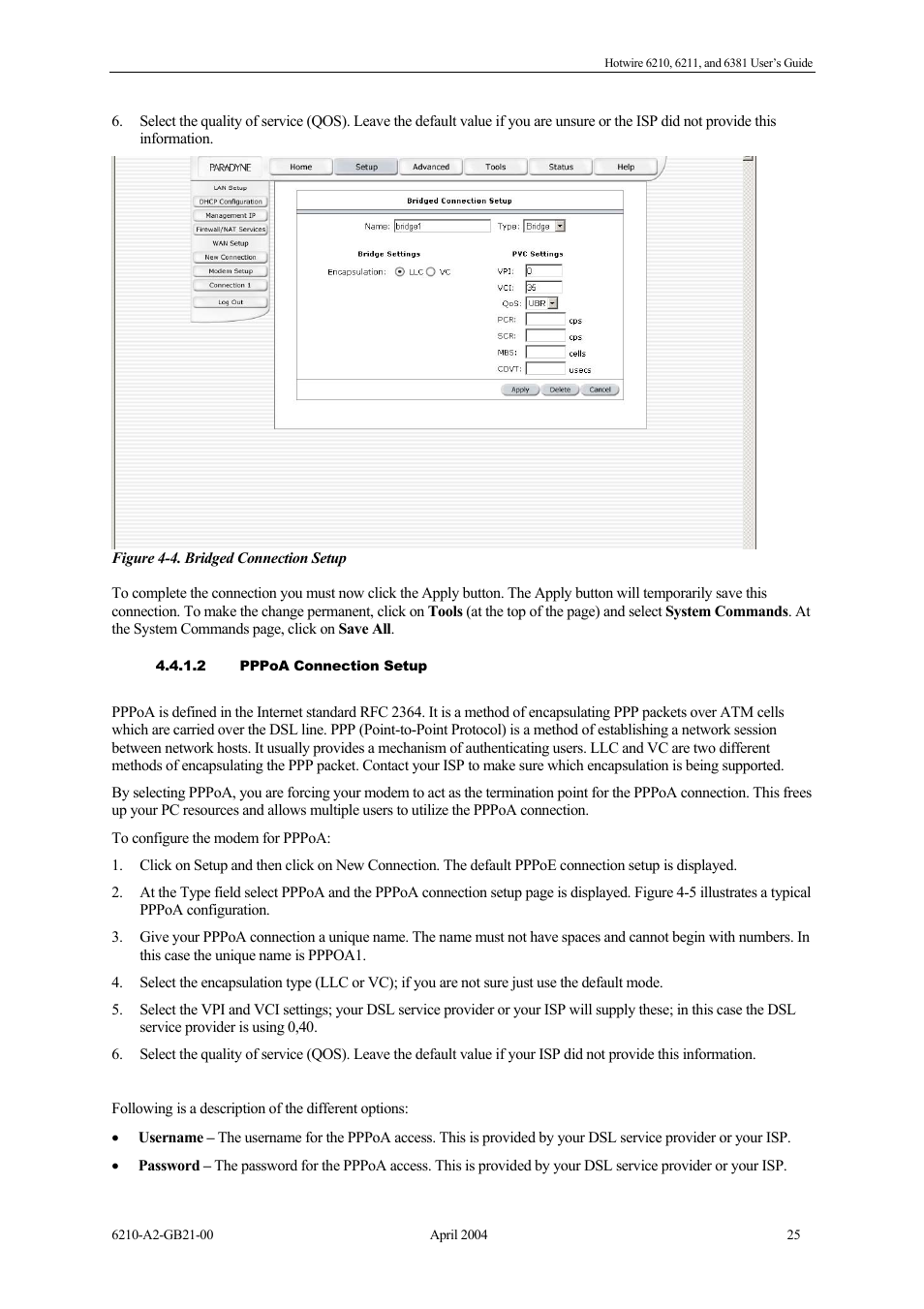 Pppoa connection setup | Paradyne 6381 User Manual | Page 25 / 46