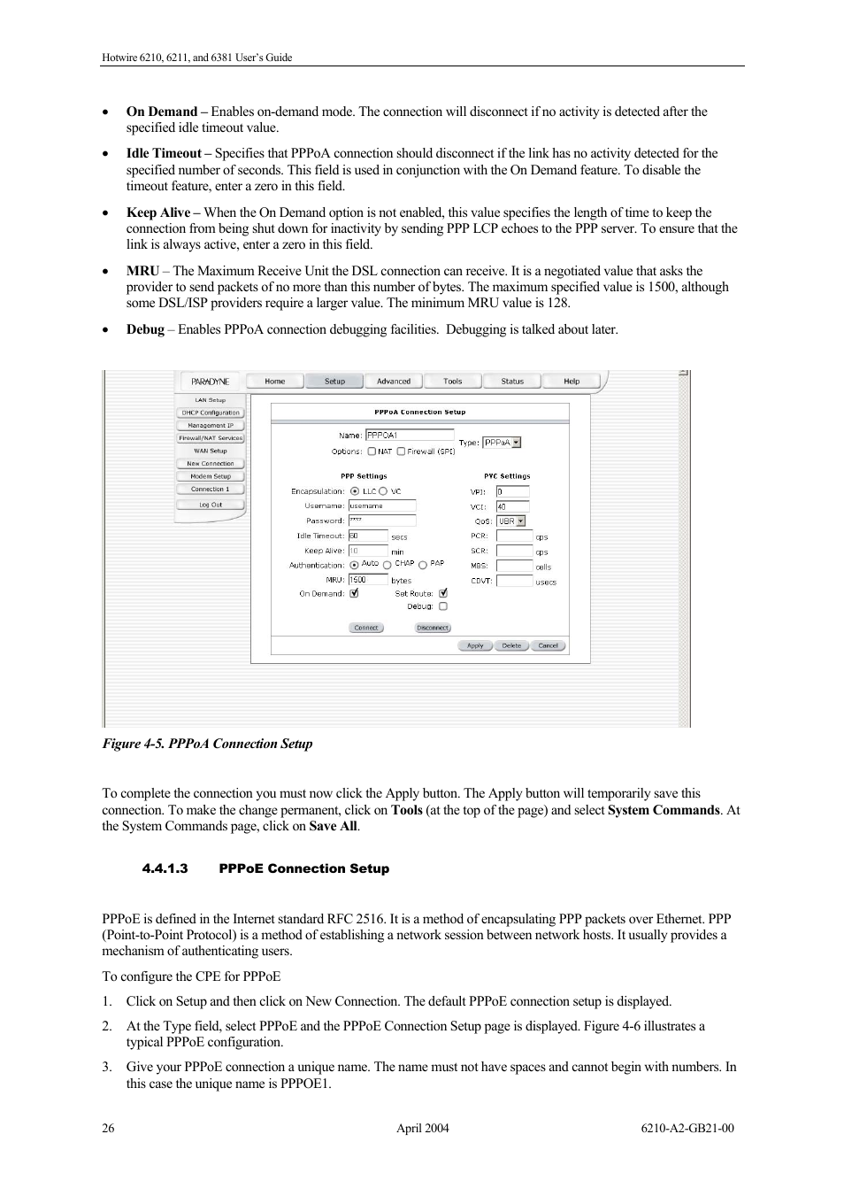 Pppoe connection setup | Paradyne 6381 User Manual | Page 26 / 46