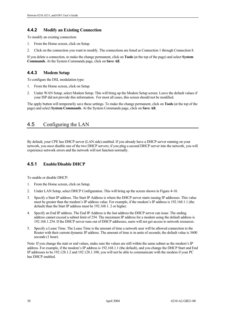 Modify an existing connection, Modem setup, Configuring the lan | Enable/disable dhcp, 5 configuring the lan | Paradyne 6381 User Manual | Page 30 / 46