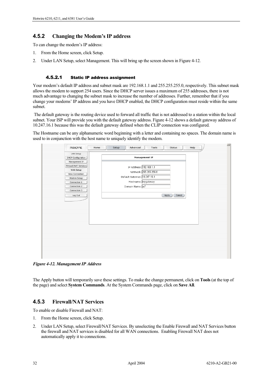 Changing the modem’s ip address, Static ip address assignment, Firewall/nat services | Paradyne 6381 User Manual | Page 32 / 46