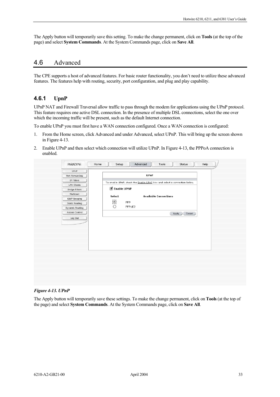 Advanced, Upnp, 6 advanced | Paradyne 6381 User Manual | Page 33 / 46