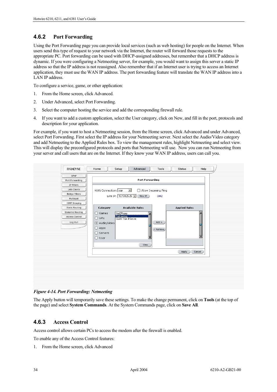 Port forwarding, Access control | Paradyne 6381 User Manual | Page 34 / 46