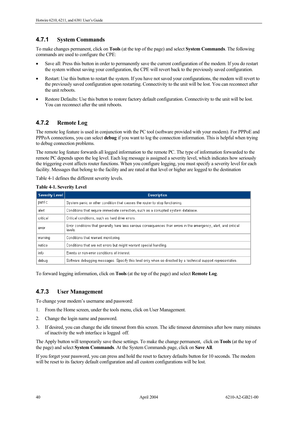System commands, Remote log, User management | Paradyne 6381 User Manual | Page 40 / 46