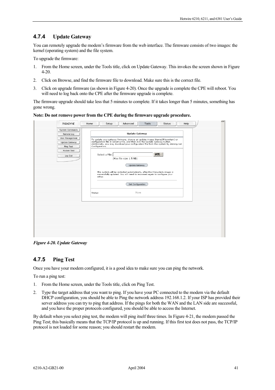 Update gateway, Ping test | Paradyne 6381 User Manual | Page 41 / 46