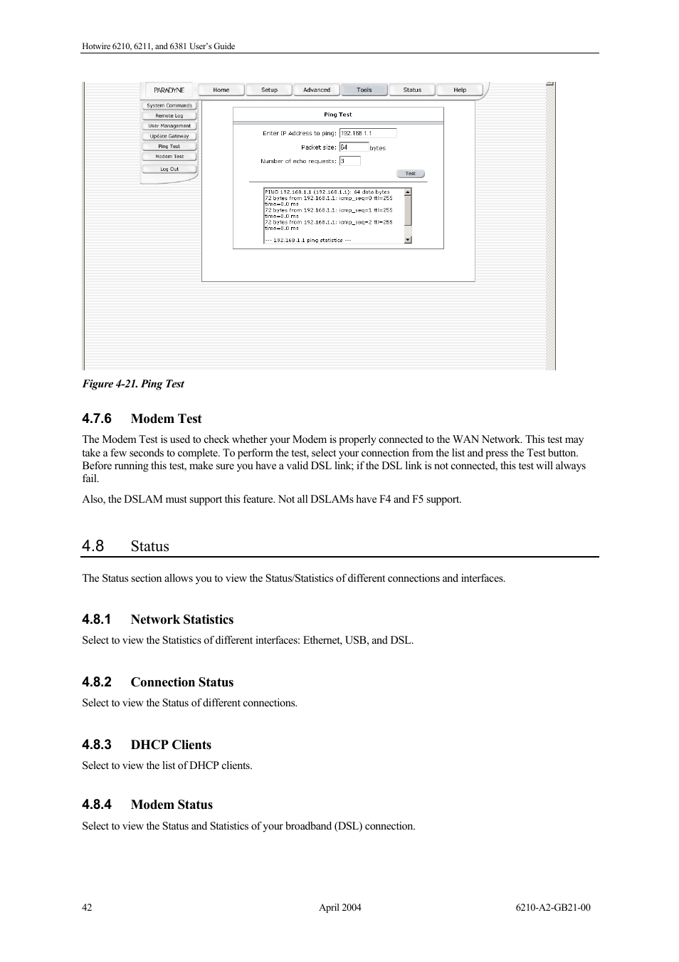 Modem test, Status, Network statistics | Connection status, Dhcp clients, Modem status, 8 status | Paradyne 6381 User Manual | Page 42 / 46