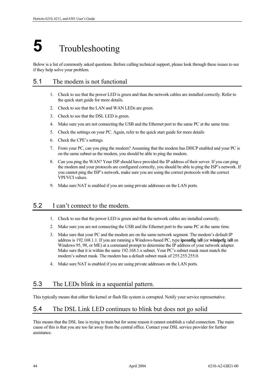 Troubleshooting, The modem is not functional, I can’t connect to the modem | The leds blink in a sequential pattern | Paradyne 6381 User Manual | Page 44 / 46
