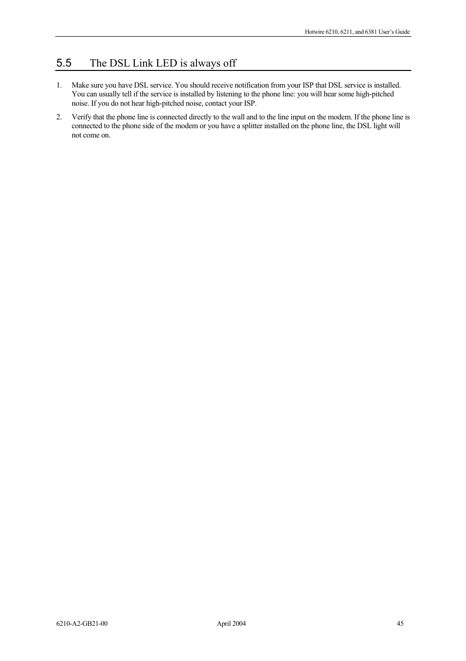 The dsl link led is always off, 5 the dsl link led is always off | Paradyne 6381 User Manual | Page 45 / 46