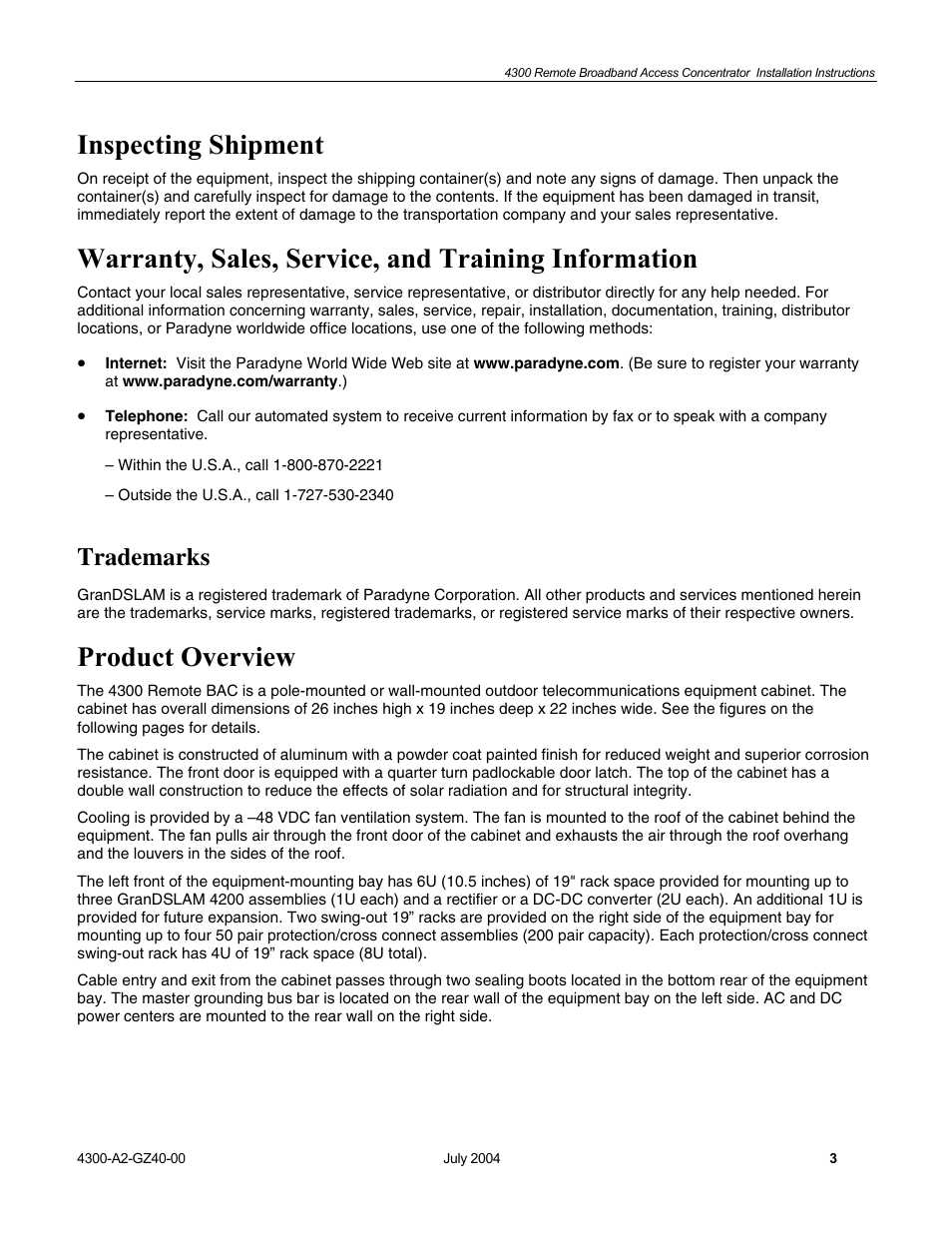 Inspecting shipment, Warranty, sales, service, and training, Product overview | Warranty, sales, service, and training information, Trademarks | Paradyne 4300 User Manual | Page 3 / 22