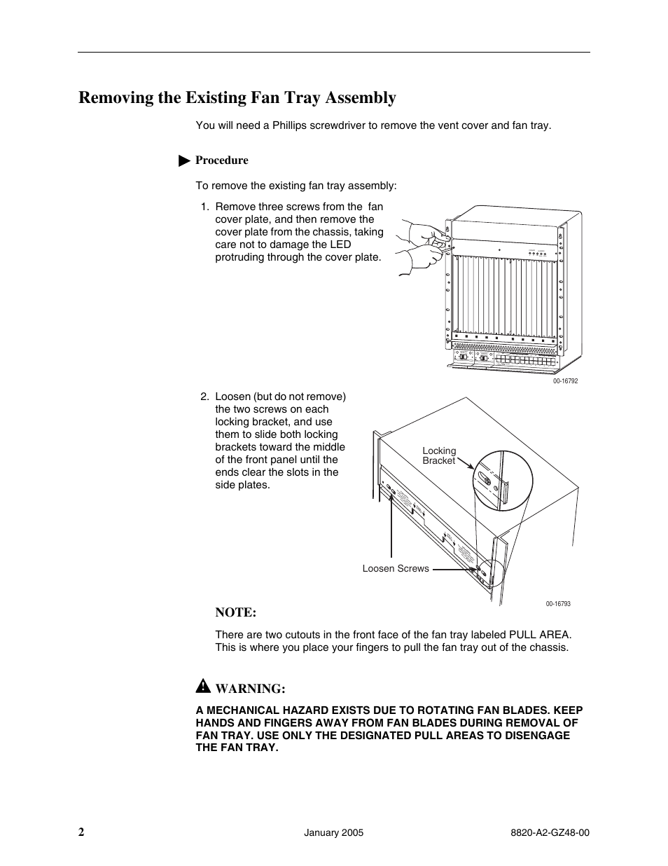 Removing the existing fan tray assembly, Warning, Procedure | Paradyne Fan Tray Assembly 8820-S3-900 User Manual | Page 2 / 6