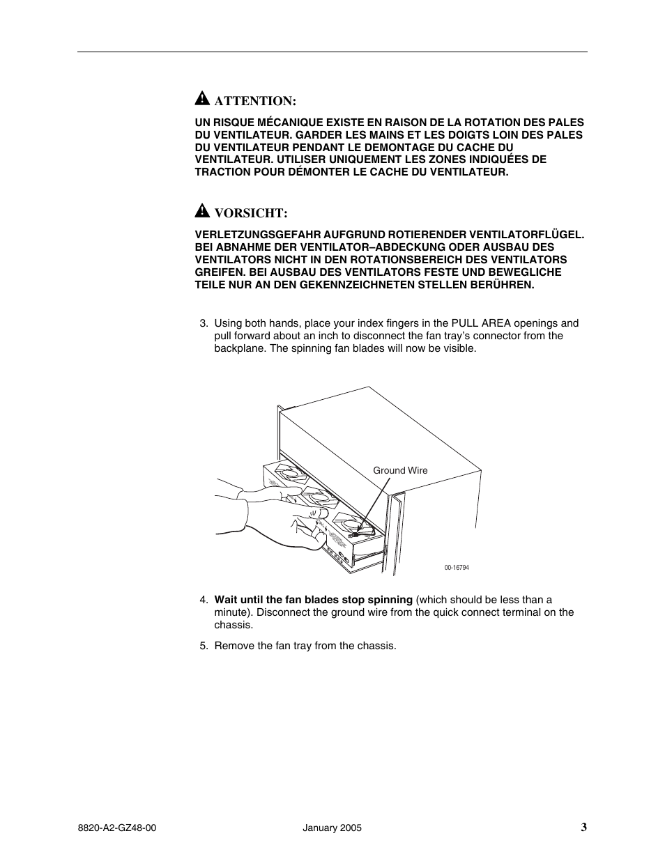Attention, Vorsicht, Ground wire | Paradyne Fan Tray Assembly 8820-S3-900 User Manual | Page 3 / 6